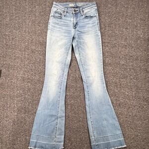 Mossimo Denim Womens High Rise Flare Jeans Light Wash Raw Hem Super Stretch 00